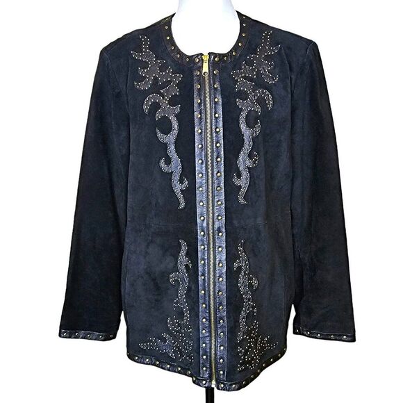 Linea Black Suede, Leather & Studded Full Zip Jacket Size 1X - Picture 1 of 12